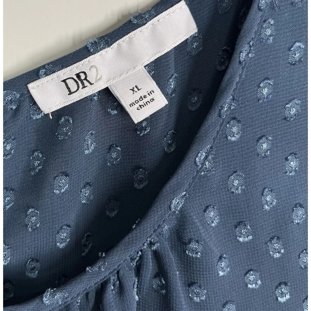 DR2 XL Teal Blue Swiss Dot Sheer Top Cap Sleeve Scoop Neck Lined Blouse Boho - Picture 6 of 10